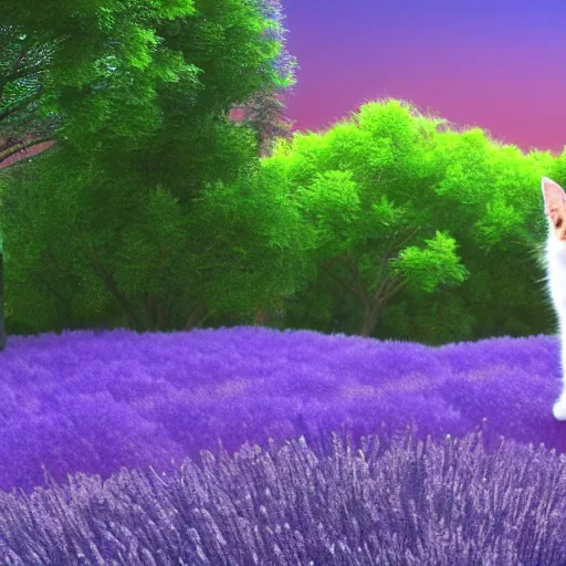 Prompt: blue glowing cute cat in grassy field with forest in the background, lavender growing nearby, disney pixar movie, 3 d render, octane render