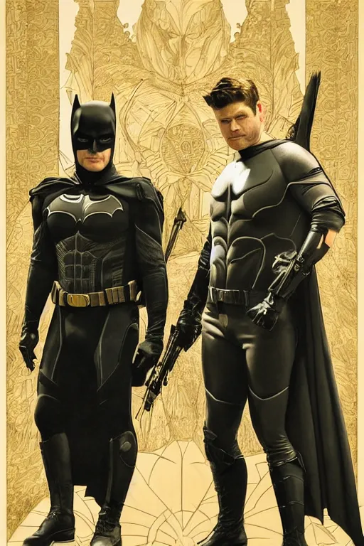 Image similar to a detailed matte portrait of jensen ackles and misha collins dressed as the adam west batman and robin, masterpiece, 8 k, art by alphonse mucha and greg rutkowski