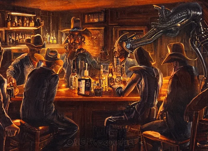 Image similar to aliens drinking whiskey in a western bar, painting, detailed, sharpness, moody