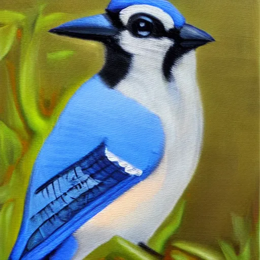 Prompt: expressive oil painting of a blue jay on a small bridge in a forest, natural color palette