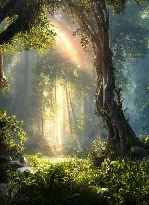 Image similar to beauteous sumptuous, with incredible indirect soft cinematic lighting, garden of eden, crystalline masterpiece incrustations, hyperdetailed features, movie still, intricate, octane render, cinematic forest lighting, unreal engine, crepuscular rays, god rays