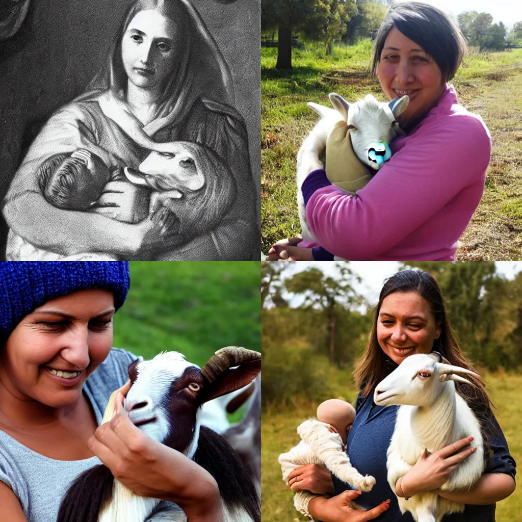 Prompt: picture of a mother holding a baby with the head of a goat