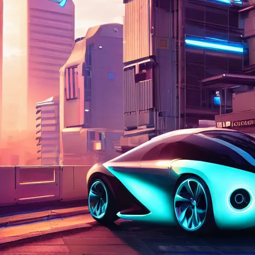 Prompt: futuristic car parked in front of a glowing sci-fi container in a pleasant urban setting, peaceful, majestic, a sense of hope, in style of apex legends, art station, ultra hd, soft light, overhead sun, ultra hd, art station