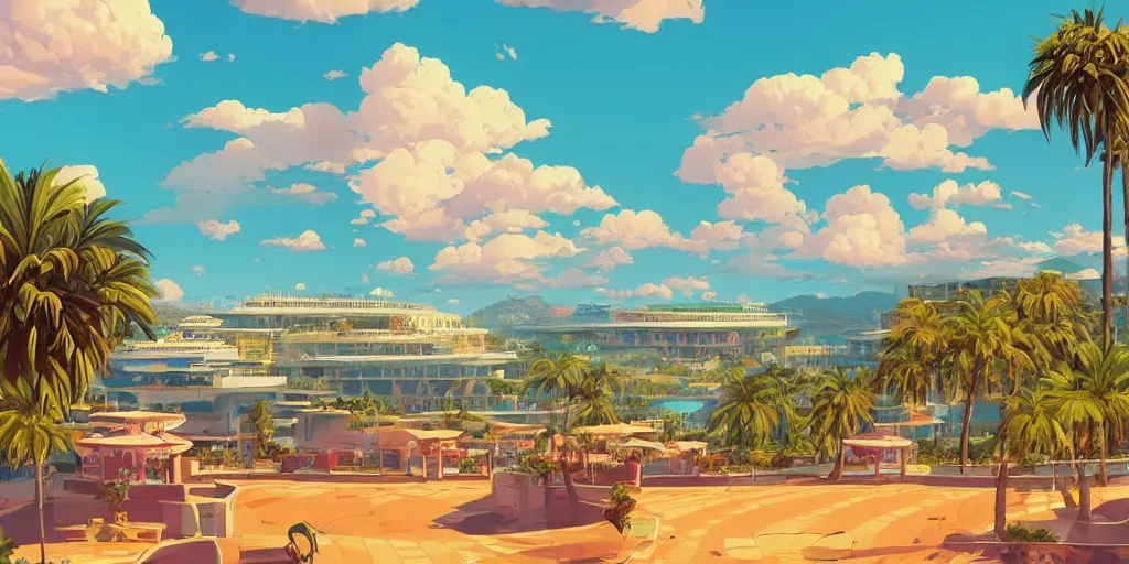 Prompt: casino on top of a hill with palmtrees, game background median photoshop filter cutout vector behance hd by jesper ejsing, by rhads, makoto shinkai and lois van baarle, ilya kuvshinov, rossdraws, illustration, art by ilya kuvshinov and gustav klimt