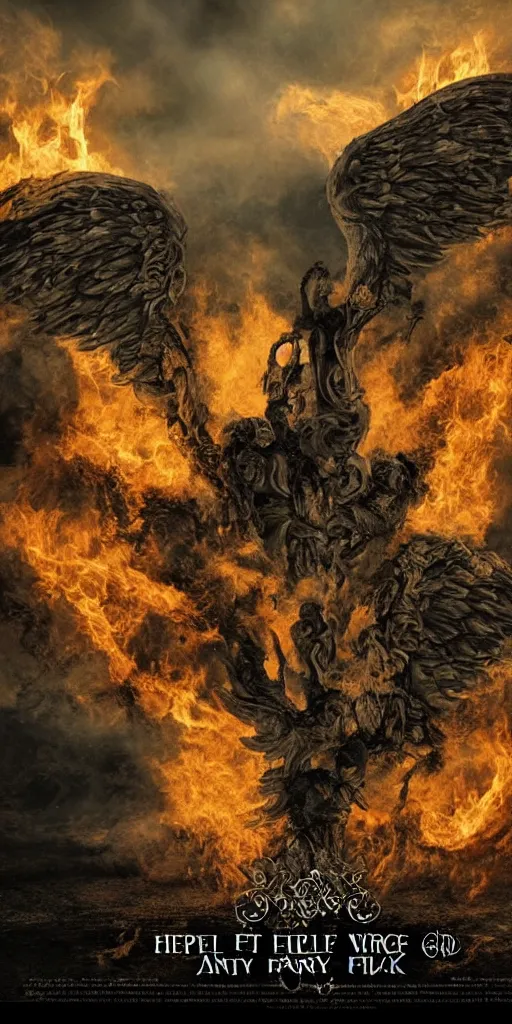 Image similar to extra wide view. Hell fire. angels with wings. marvellous magic. Ominous. Gothic medieval baroque. Dry ground cracks. Cinematic. Epic composition. Realistic cinematography. Hyper-detailed. 8k