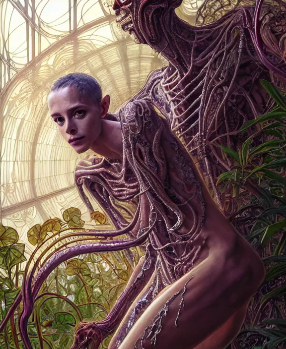 Prompt: intricate ornate opulent transparent clear see - through portrait of a terrifying beautiful skinny male alien centipede, mottled coloring, adorable, childlike, overgrown jungle environment, ultra realistic, concept art, art nouveau, photorealistic, octane render, 8 k, unreal engine. art by christopher marley and artgerm and greg rutkowski and alphonse mucha