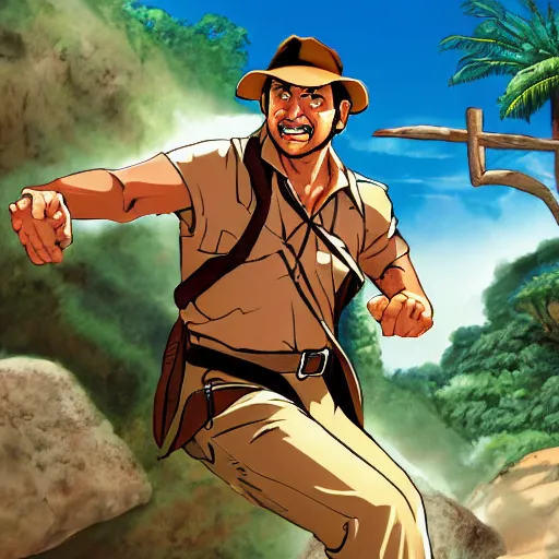 Prompt: Indiana Jones being chased by a boulder trap, boulder chase, underground ancient stone temple background, Indiana Jones running away from big round stone, raiders of the lost ark, detailed background, anime key visual