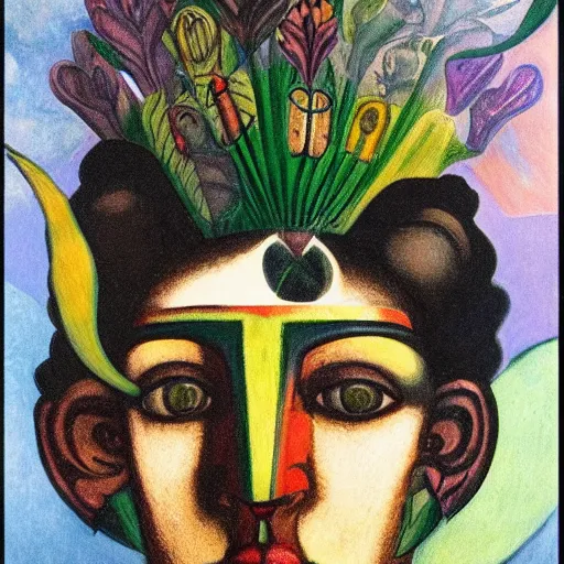 Prompt: head of a beautiful boy wearing a carnival mask made of stylized flowers, by diego rivera and john watkiss and annie swynnerton, art deco shaman, art brut, symbolist, dramatic cinematic lighting, god rays, iridescent beetles, clean crisp graphics, smooth sharp focus, extremely detailed