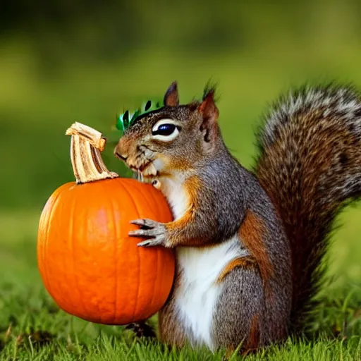 Prompt: squirrel with pumpkin on head