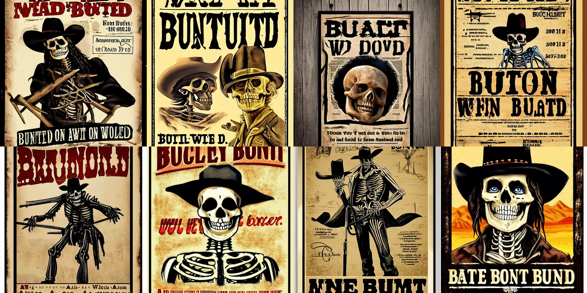 Prompt: a skeleton on a western bounty poster, wild west, wanted, dead or alive