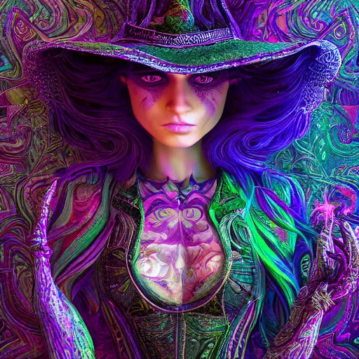 Image similar to psychadelic witch, hyper detailed, flowing psychadelic background intricate and detailed, ornate 8 k gorgeous intricate detailed, octane render