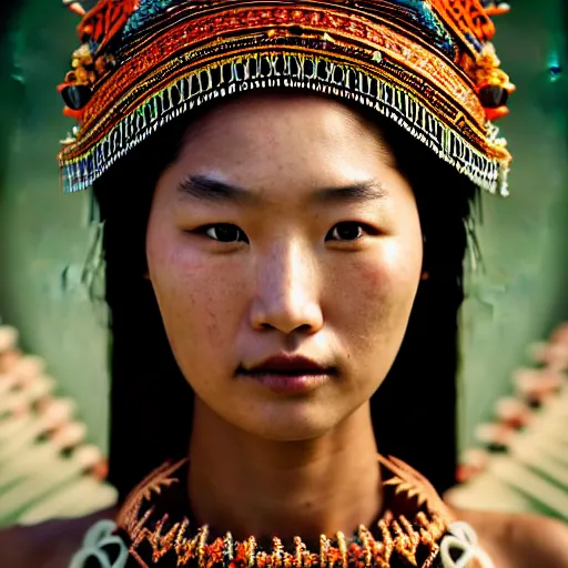 Image similar to portrait of a stunningly beautiful asian tribal female, depth of field, zeiss lens, detailed, symmetrical, centered, fashion photoshoot, by annie leibovitz and steve mccurry, david lazar, jimmy nelsson, breathtaking, 8 k resolution, extremely detailed, beautiful, establishing shot, artistic, hyperrealistic, beautiful face, octane render