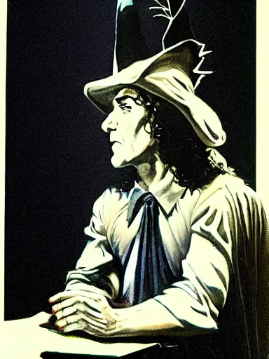 Image similar to weird al as a powerfulwizard holding a staff, serious expression, in the style of frank frazetta