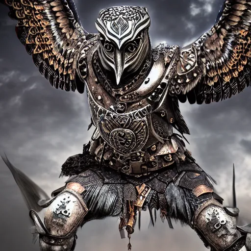 Image similar to warrior with metal ornate owl armour, highly detailed, 4k, HDR, smooth, sharp focus, hyper realistic, high resolution, award-winning photo