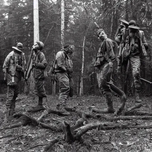 Prompt: wide shot, a squad of executed American Soldiers hanged mid-air on trees, deep in the thick forest, painting, colored, eerie, Lovecraftian, eldritch horror, 1967