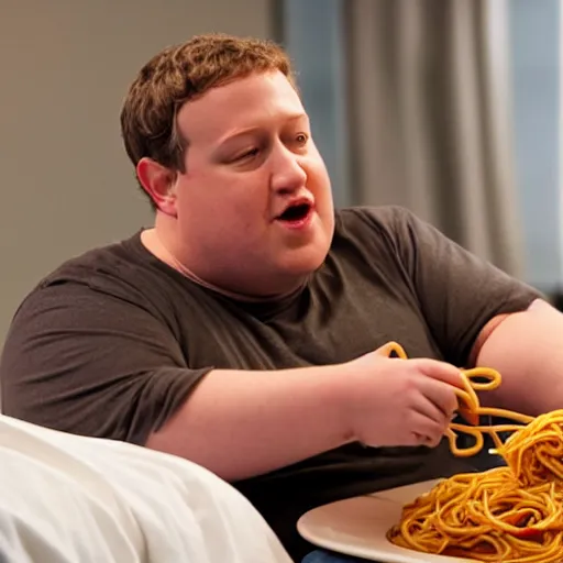 Prompt: fat mark zuckerberg sitting in bed eating spaghetti