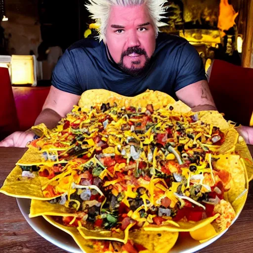 Prompt: guy fieri sitting on a plate of large nachos doing yoga