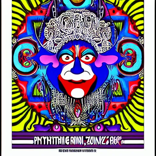 Image similar to Fillmore concert poster for The Bozone by Wes Wilson and Rick Griffin, psychedelic, intricate paisley filigree Bozo the clown. red clown nose, mandala, day-glo colors, blue and white color scheme, flowing lettering