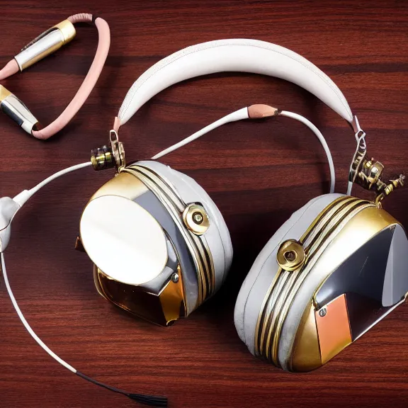 Image similar to masterpiece photo of beautiful crafted retro bismuth headphones in a silk padded leather case, bismuth metal, bismuth cups, leather padding, displayed on mahogany desk, modernist headphones, bismuth headphones beautiful well designed, hyperrealistic, audiophile, intricate hyper detail, extreme high quality, photographic, meze audio, sennheiser, hifiman, artstation