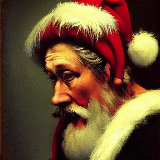 Prompt: Angry Father Christmas police mugshot Painted by Caravaggio