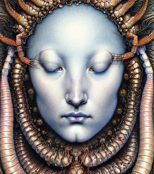 Prompt: detailed realistic beautiful shrimp goddess face portrait by jean delville, gustave dore, iris van herpen and marco mazzoni, art forms of nature by ernst haeckel, art nouveau, symbolist, visionary, gothic, neo - gothic, pre - raphaelite, fractal lace, intricate alien botanicals, ai biodiversity, surreality, hyperdetailed ultrasharp octane render