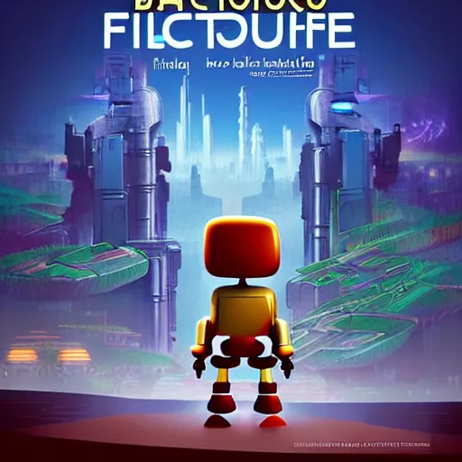 Image similar to film poster, an adventurous boy ( facing the camera ) and his small robot friend, futuristic city backgrond, eleborate composition with foreground and background, depth of field, fantasy illustration by kyoto studio, don bluth!!!, square enix, cinematic lighting