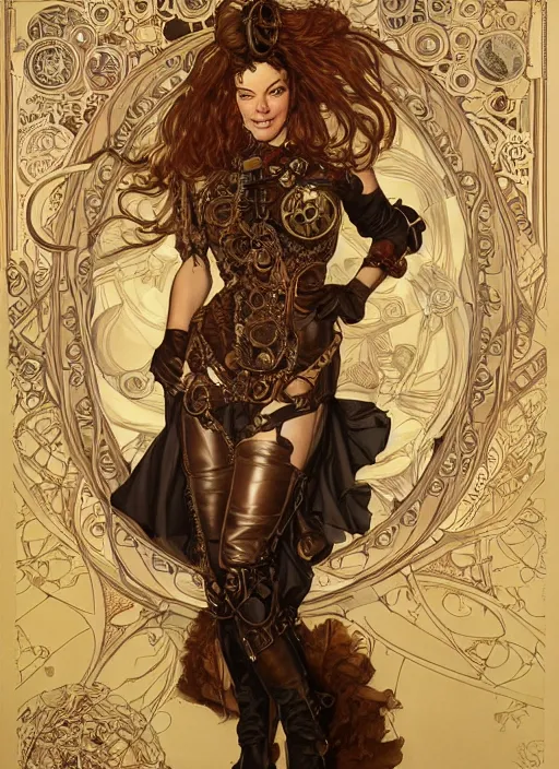 Image similar to Claudia Christian as a beautiful steampunk woman, intricate, elegant, highly detailed, centered, digital painting, artstation, concept art, smooth, sharp focus, illustration, art by artgerm and donato giancola and alphonse mucha