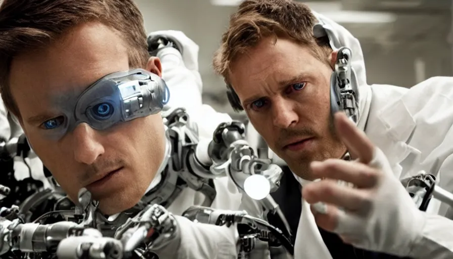 Image similar to big budget action movie about scientists building a cyborg.