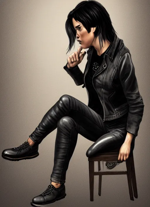 Image similar to an upset woman with black hair and a leather jacket and a grey shirt, sitting on a chair in a run down hotel room, muscular upper body, abs, gritty, intricate, elegant, highly detailed, digital painting, artstation, smooth, sharp focus, illustration, unreal engine 5, face enhance, masterpiece