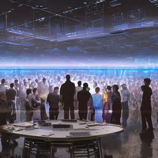 Image similar to large group people in a huge warehouse, gathered around a hologram of futuristic city on a table | cinematic concept art | godrays | 4 k | clear details | tabletop | tabletop | hologram foreground