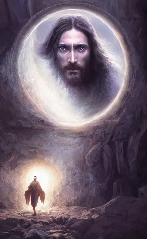 Image similar to jesus looking into a portal hopping and time warping with reckless abandon, surrounded by eyes, dramatic scene, masterpiece digital painting by Greg Rutkowski, Alex Grey, artstation, 4k wallpaper