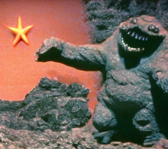 Image similar to Pulgasari the North Korean monster, volumetric lighting, filmstill, produced by Kim Jong-il, Kodachrome, kaiju-eiga, starfish monster movie, communist propaganda, film noir, 35mm film grain, Cooke Varotal 20-100mm T3.1