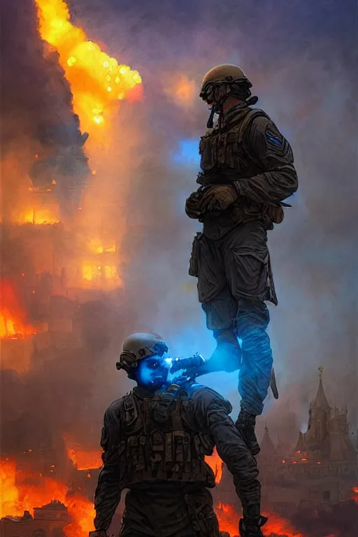 Image similar to special forces soldier with ukrainian blue and yellow flag watching red square burn, masculine figure, d & d, fantasy, bright atmosphere, volumetric lights, intricate, elegant, extremely detailed, digital painting, artstation, concept art, matte, smooth, sharp focus, hyper realistic, illustration, art by artgerm and greg rutkowski and alphonse mucha