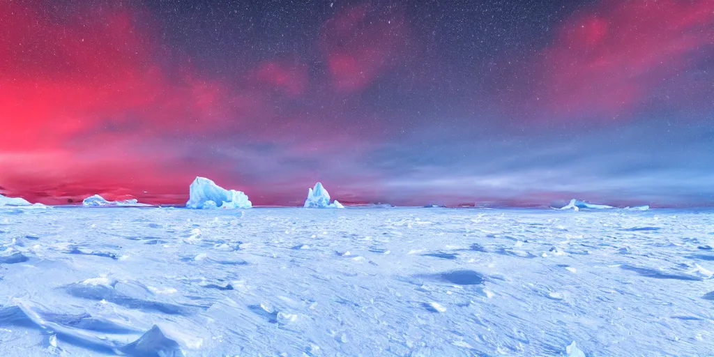 Prompt: antartica but the snow is red color, 8 k, detail, super detailed, awesome, award winning photography, 4 k hdr