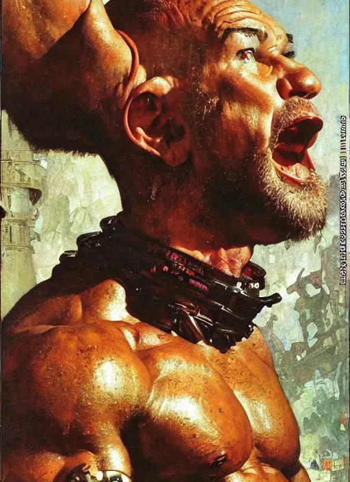 Prompt: head and upper body portrait of jocko willink as huge warrior with muscular neck, science fiction, by john berkey and lawrence alma tadema and rick berry and norman rockwell