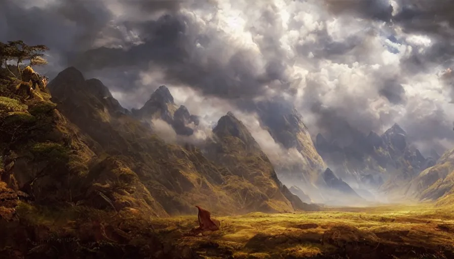 Image similar to excellent painted daemon in a wide epic beautiful landscape somewhere in south america with fluffy clouds, painted by Hans Fredrik Gude, Greg Rutkowksi, Craig Mullins and Artgerm, masterpiece, 4k, ultra realistic highly detailed oil painting