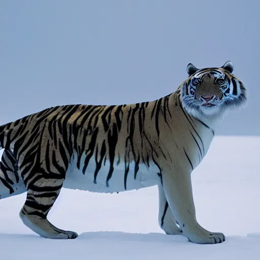 Prompt: A shark tiger hybrid 8' the Arctic snow. A creature that is half tiger half shark. National Geographic photograph