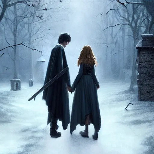 Image similar to harry potter and hermione hand in hand walking in hogwarts yard, elves around, lovely, lightly dark theme, harry potter theme, by greg rutkowski, trending on artstation