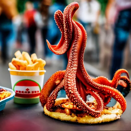 Image similar to octopus made of steel eating fastfood, 5 5 mm