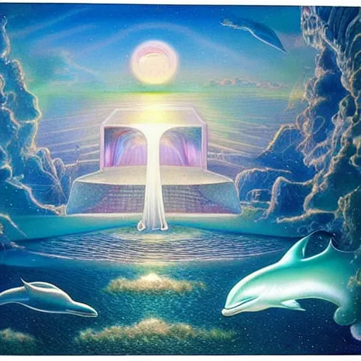 Image similar to gilbert williams portrait of a crystal temple in atlantis, iridescent dolphins swimming in the sea, unicorn flying in the sky, paleozoic anima flying in the sky,