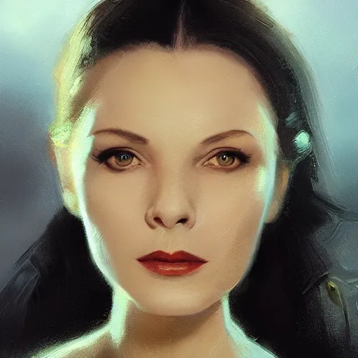 Image similar to closeup portrait of a young vivian leigh, dramatic lighting, city background, night, moon, chiaroscuro, high detail, painted by greg rutkowski, painted by igor kieryluk, painted by bobby chiu, trending on artstation