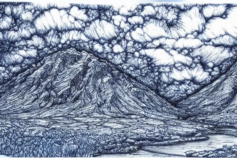 Image similar to insanely detailed landscape, blue ball - point pen art