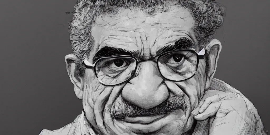 Image similar to Gabriel García Márquez portrait, kim jung gi style, Greg Rutkowski, Zabrocki, Karlkka, Jayison Devadas, trending on Artstation, 8K, ultra wide angle, zenith view, pincushion lens effect