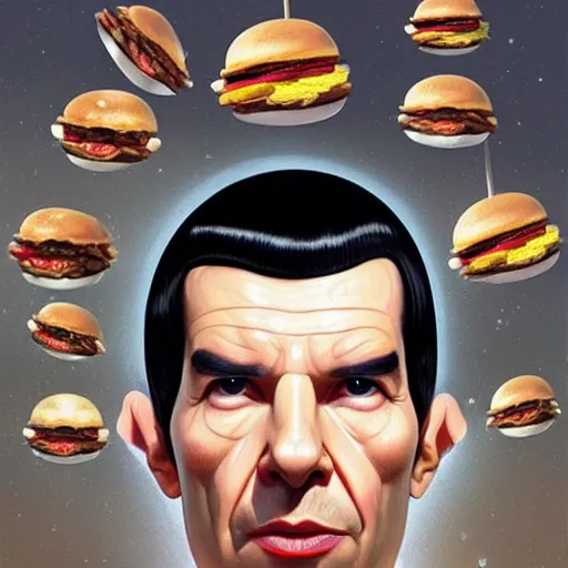 Image similar to portrait of Spock mind-meld with hamburger, extra onions and ketchup, luscious patty with sesame seeds, feminine ethereal, delicate fingers, subsurface scattering skin, handsome, D&D, fantasy, intricate, elegant, highly detailed, digital painting, artstation, concept art, matte, sharp focus, illustration, art by Artgerm and Greg Rutkowski and Alphonse Mucha