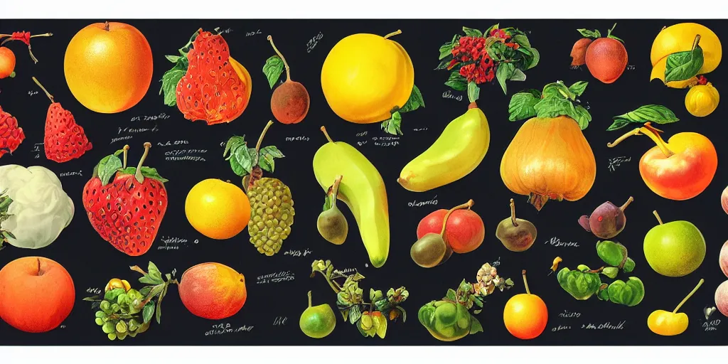 Prompt: full color page scan of various vintage imaginal fruit illustrations on black background, in matte painting, 2 d, kitbash, 4 k