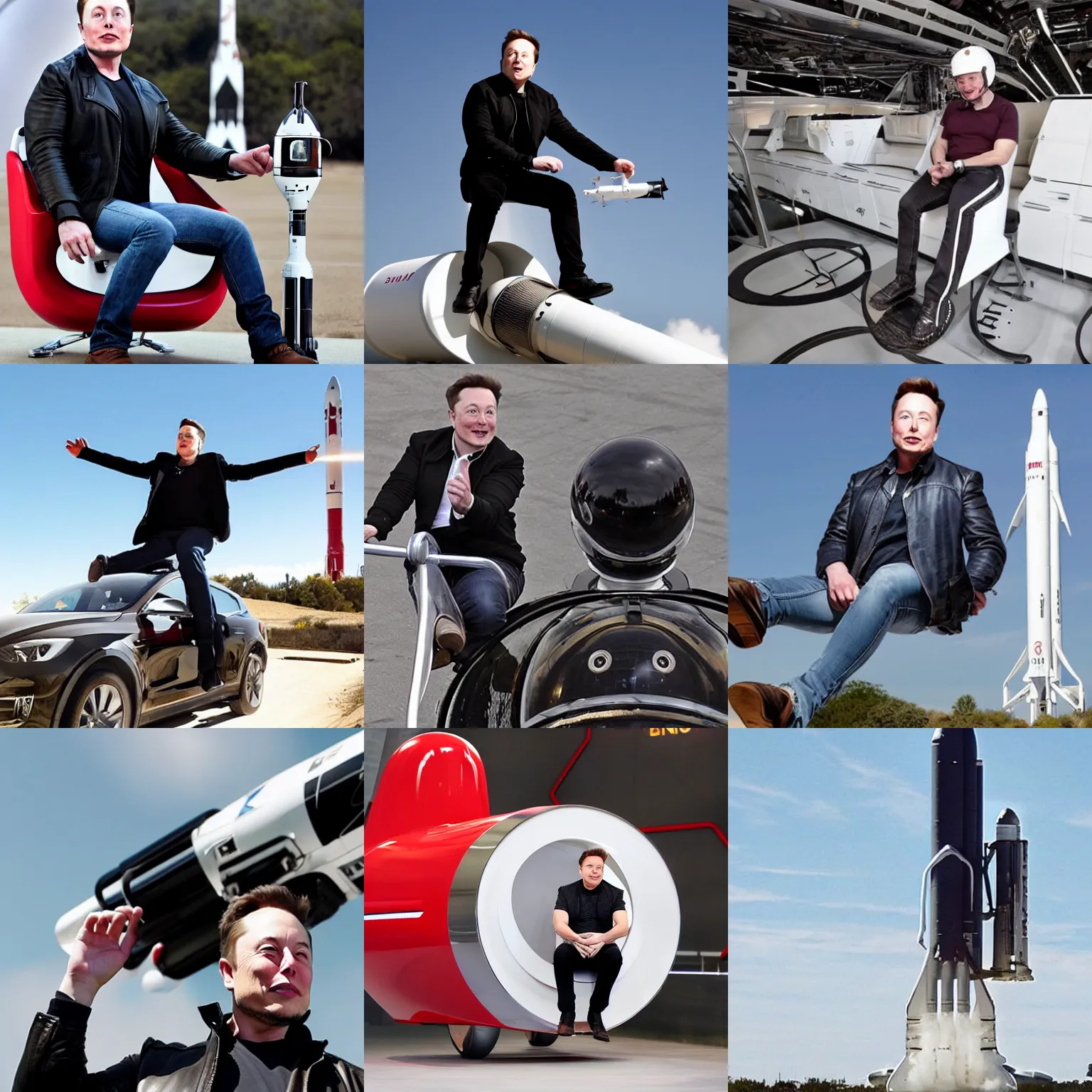 Prompt: elon musk riding on a cute giant rocket sitting sidesaddle