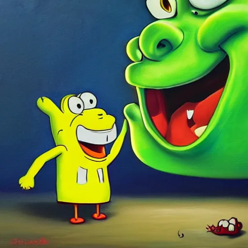 Image similar to shreck vs sponge bob, dramatic light, oil painting