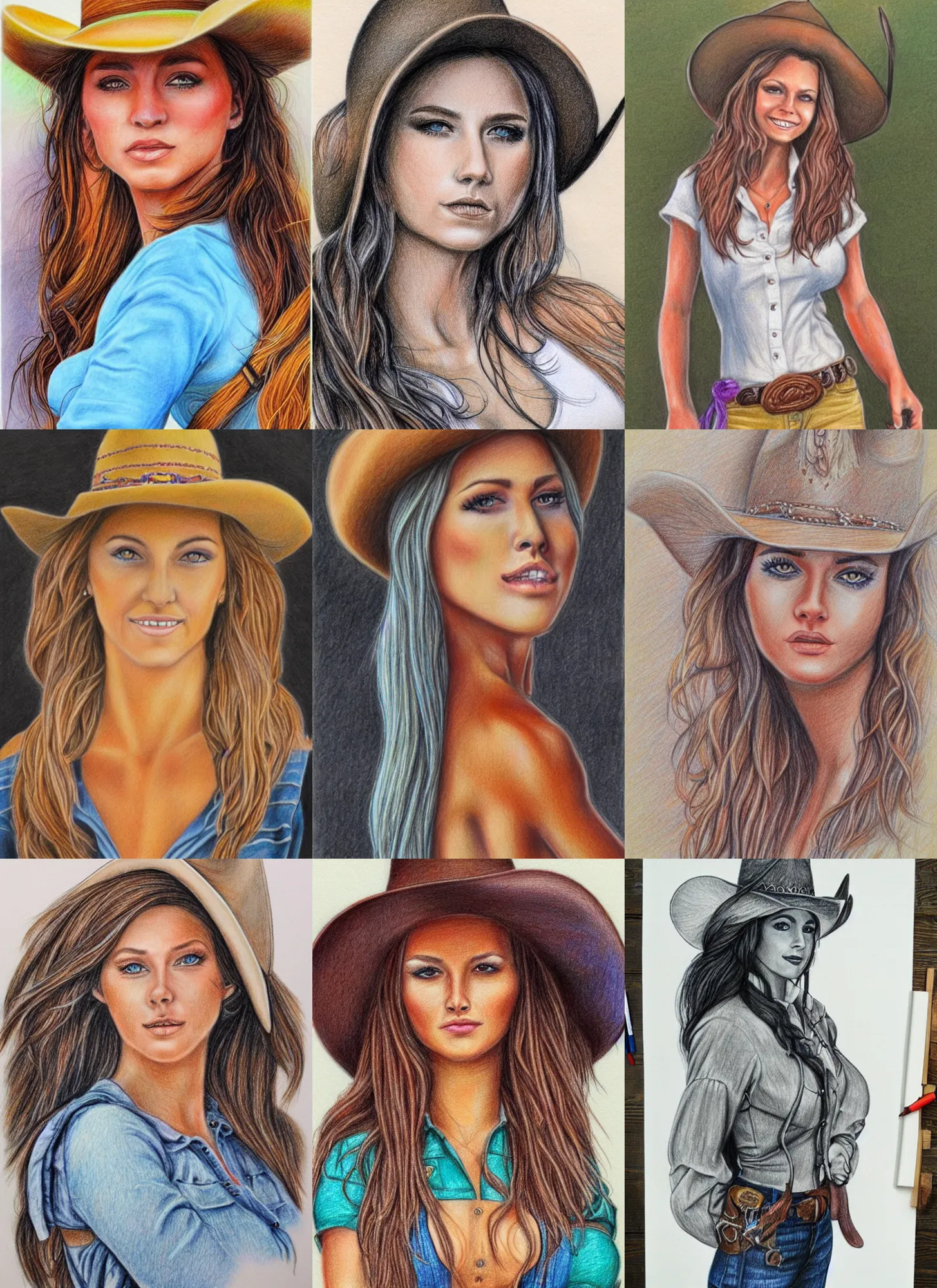 Prompt: detailed full body colored pencil drawing beautiful cowgirl with a beautiful face