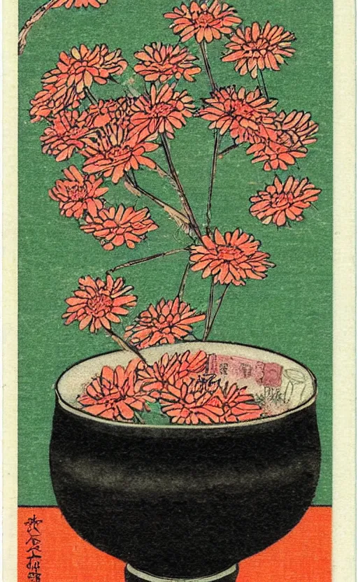 Image similar to by akio watanabe, manga art, chrysanthemum flower inside flat japanese sake cup top, trading card front