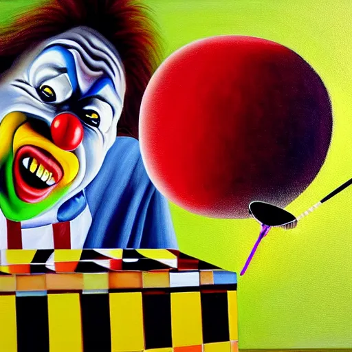 Image similar to hyperrealism painting from the housefly perspective getting swatted at from an angry and sick clown man with a fly swatter in the kitchen